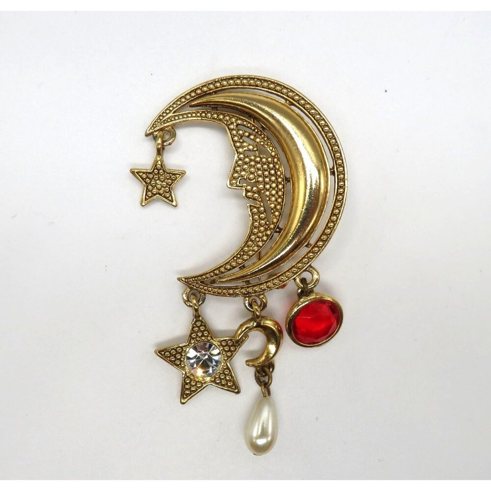 Juliana‎ Man in the Moon Brooch Item 3737 Gold Tone Red Crystal Dangle Charms - Picture 4 of 11